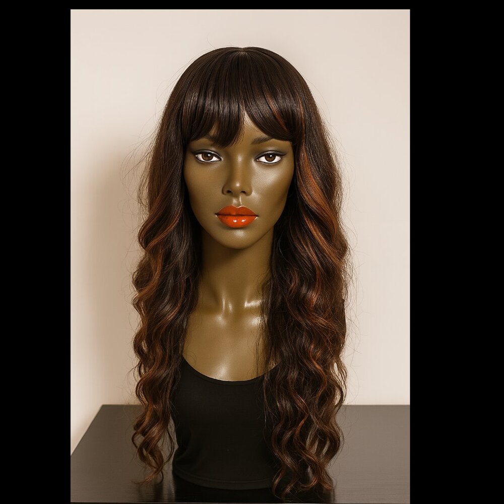 AISI QUEENS Long Wavy Synthetic Wig with Bangs - Dark Brown Auburn Highlight